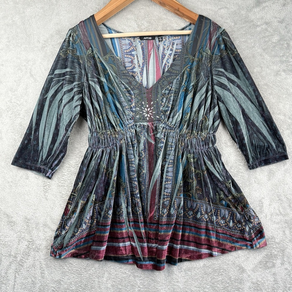 Apt.9 Top Womens 2X Blue Velour V Neck 3/4 Sleeve Artsy‎ Embellishments Tunic
